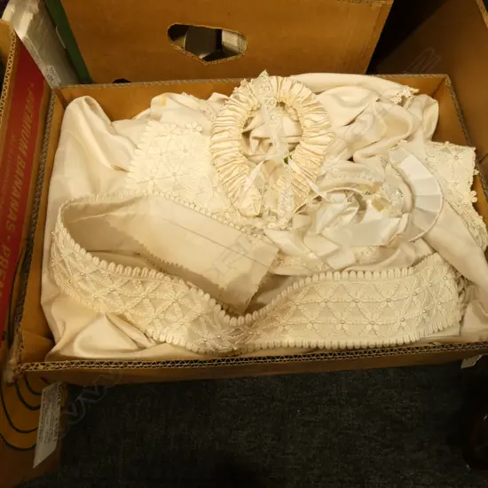 HIGH NECK WEDDING DRESS C. 60S/70S WITH TRAIN & SOME STAIN