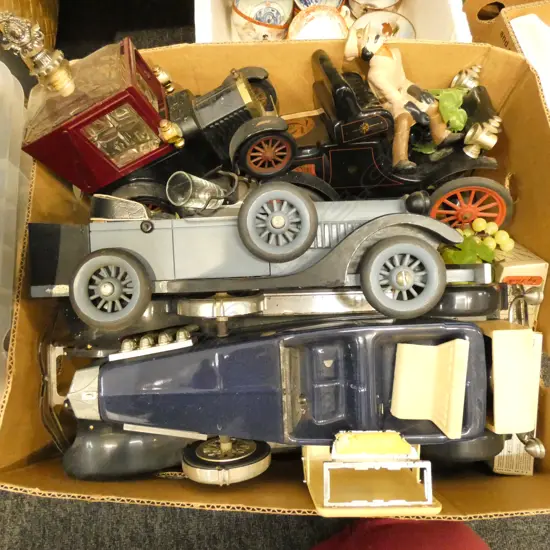 BOX LOT VINTAGE CAR DECANTERS ETC