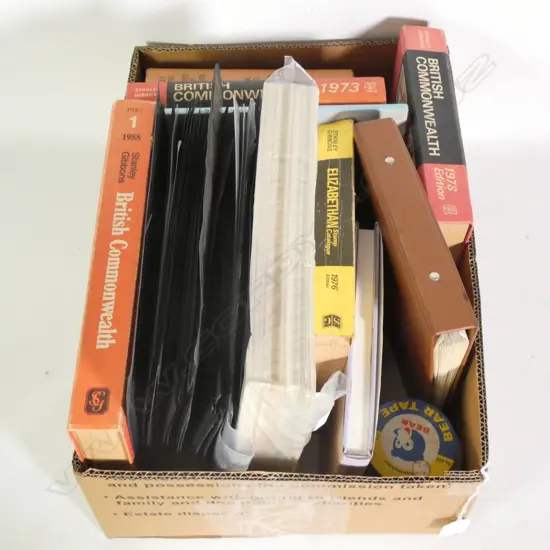 BOX LOT STAMP REF BOOKS; STANLEY GIBBONS ETC; EMPTY ALBUMS, FOLDERS ETC