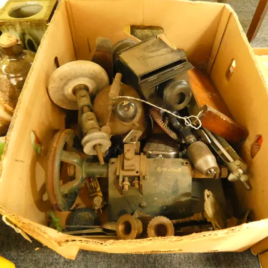 BOX LOT ASST TOOLS; METRONOME, DRILL, LANTERN, GRINDING WHEEL ETC