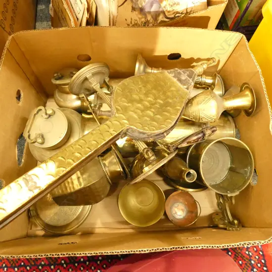 BOX LOT ASST. BRASSWARE; BELLOWS, VASES