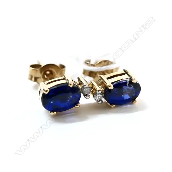 9ct Y/GOLD PR EARRINGS 2 SMALL DIAMONDS + 2 FAUX SAPPHIRES