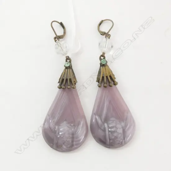 PR VINTAGE CZECHOSLOVAKIA EARRINGS MAUVE GLASS & GILT