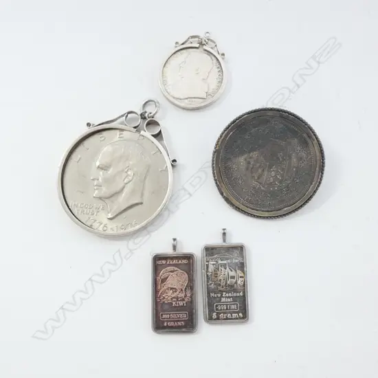 5 SILVER? PENDANTS 68 GRAMS