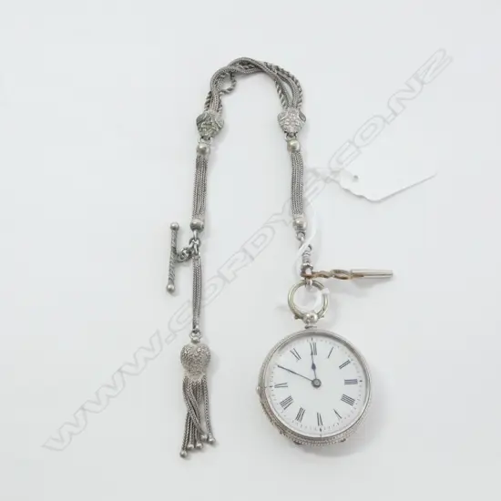 Antique silver (.800) ladies watch, with beautiful chain and original key