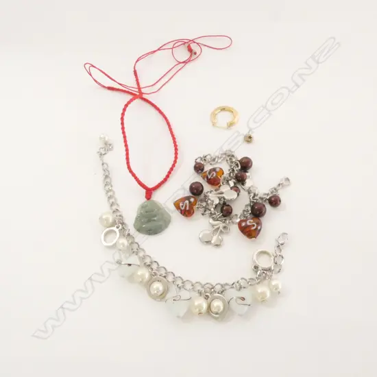 JADEITE BUDDHA PENDANT NECKLACE, 2 PANDORA STYLE CHARM BRACELETS & 14 CT MARKED EARRING