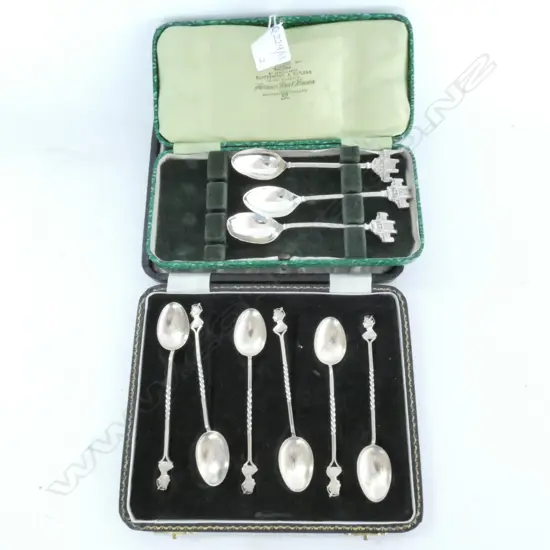 2 SETS CASED STG SILVER SPOONS; 3 BATH + 6 QUEEN VICT. 88 GRAMS TOTAL