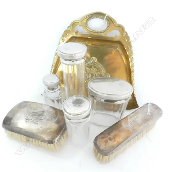 PAIR SILVER BACKED BRUSHES, COPPER CRUMB TRAY, 4 SILVER TOPPED BOTTLES