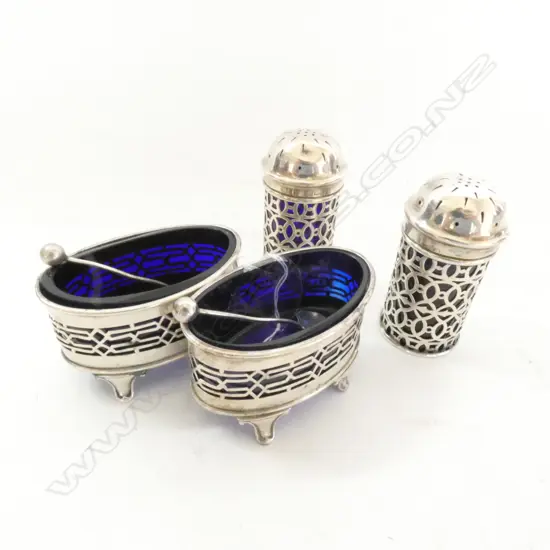 SILVER CONDIMENT SET (WITH GLASS LINERS) CHESTER 1906