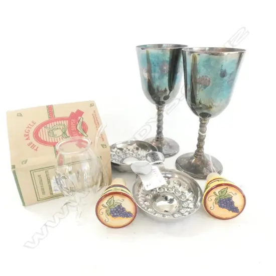 2 SILVER PLATE WINE CUPS, STOPPERS, 2 x TASTING CUPS, GLASS 'THE ARGYLE'
