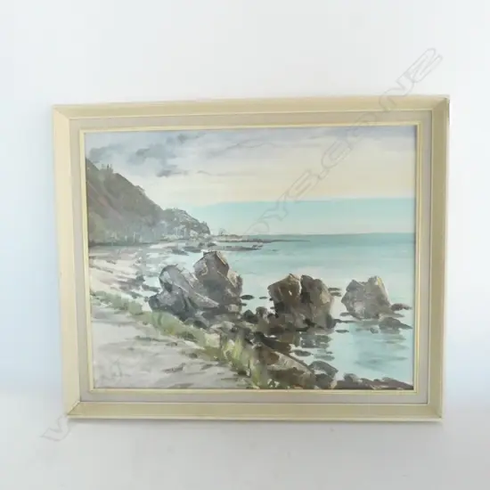 AUDREY DURANT KAIKOURA COAST WITH ROCKS OIL ON BOARD 395 X 490MM WITH $1K VALUATION 
