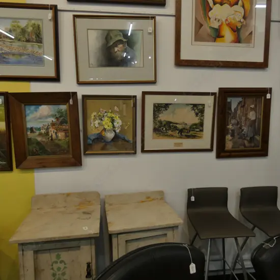 4 ARTWORKS; E CLARK STILL LIFE OIL, KT SIGNED OIL, 2 PRINTS; VIEW OF RICHMOND, STREET IN BRITTANY 1881