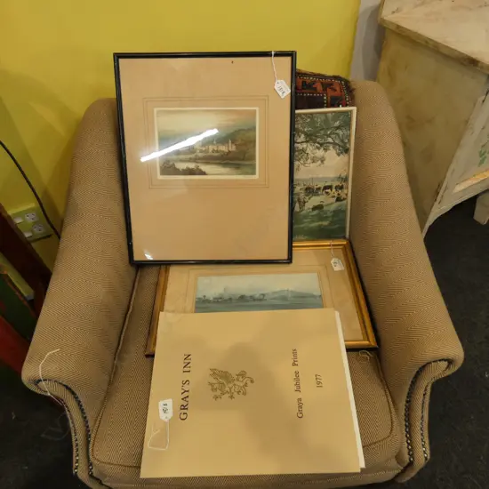 4 PRINTS; FOLIO OF GRAYS INN PRINTS, COWS, BALMORAL CASTLE ETCHING, LANDSCAPE