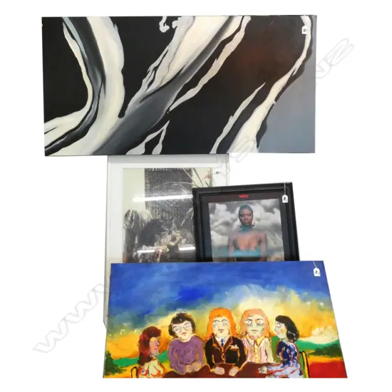 4 ARTWORKS; K. M. WRIGHT 'THE COMMITTEE' OIL '76, VANESSA CAMERON 'SILVER SIREN' ABSTRACT OIL, PAUL CONEY PRINT, NUDE AF