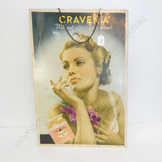 VINTAGE 'CRAVEN A' SIGN 'WILL NOT AFFECT YOUR THROAT' 510 X 350MM