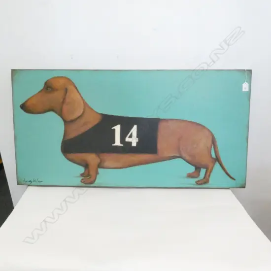 LYNDY WILSON SAUSAGE DOG OIL ON CANVAS 510 X 1015MM