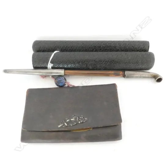 OLD JAPANESE LEATHER TOBACCO POUCH + CASED PIPE
