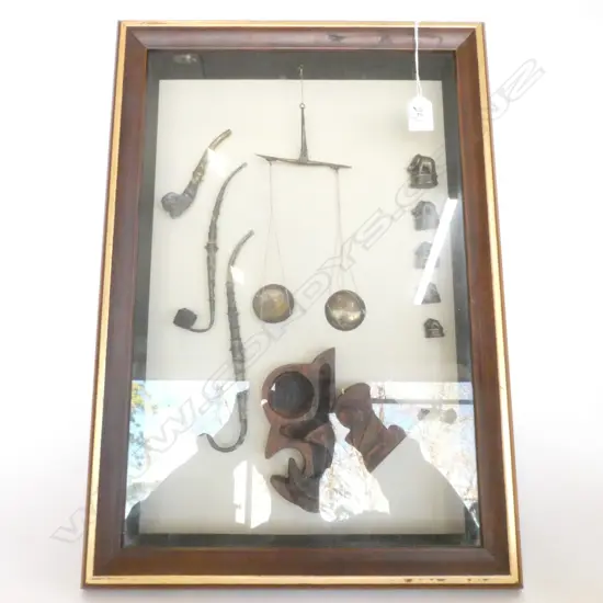 FRAMED COLLECTION ORIENTAL OPIUM WEIGHTS, PIPES, SCALE 535 X 380MM