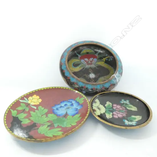 OLD CHINESE CLOISONNE BRUSH WASHER W. 140MM  & TWO PLATES
