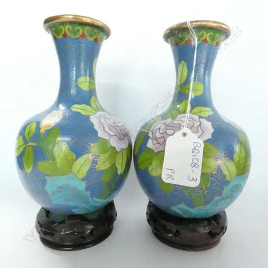 PAIR BLUE CLOISONNE VASES & WOODEN STANDS, H. 165MM