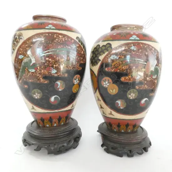 PAIR CLOISONNE VASES ON WOODEN STANDS, H. 185MM. DAMAGE TO STANDS