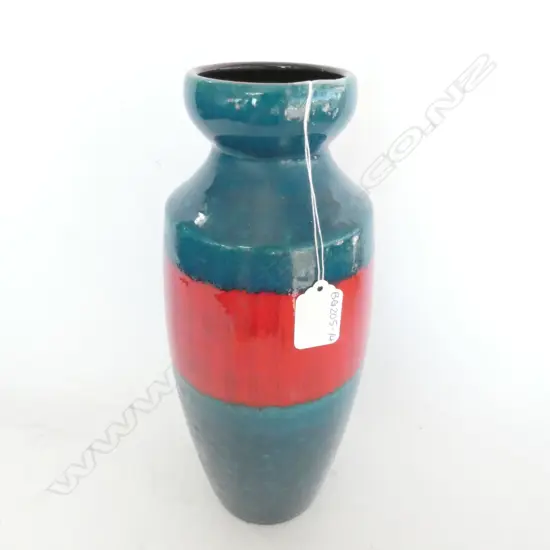MID CENTURY GERMAN POTTERY RED & BLUE VASE, H. 310MM