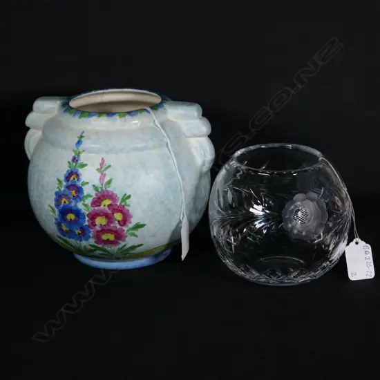 DECORO POTTERY ART DECO VASE, H. 175MM & CRYSTAL GLASS VASE
