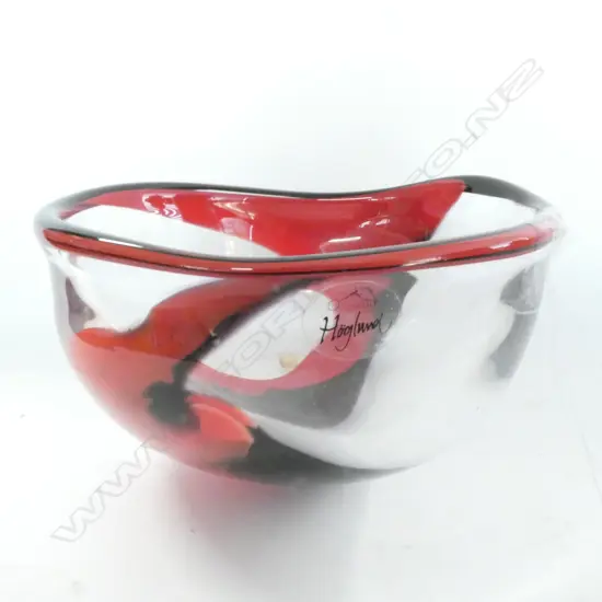 HOGLUND GLASS BOWL, RED & BLACK SWIRLS, W. 330 X 120MM, SIGNED