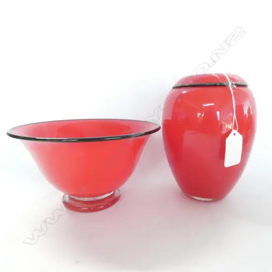 RED HOGLUND GLASS BOWL, H 105MM  & VASE H 175MM, SIGNED,1997