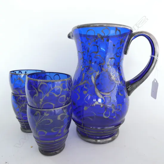 BLUE GLASS JUG, 4 GLASSES, H. 220MM