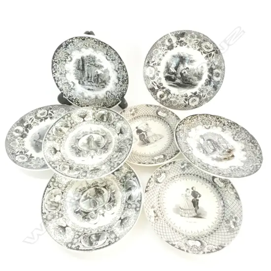 8 19thC GERMAN BLACK TRANSFERWARE PLATES 195MM DIA OLD REPAIRS