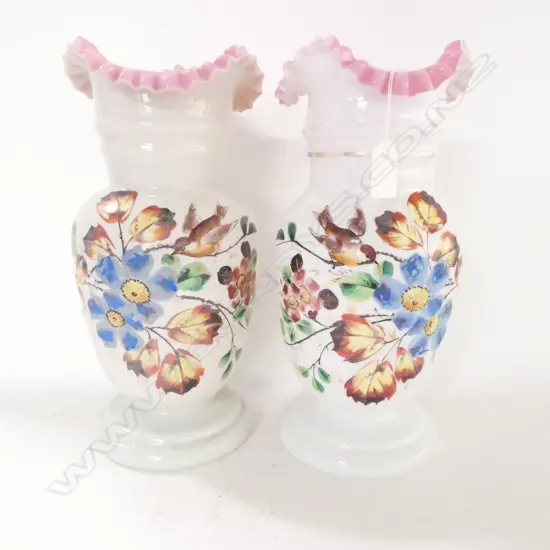PR VICTORIAN HAND PAINTED MILK GLASS VASES H. 300MM