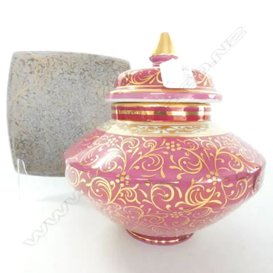 PINK MIDDLE EASTERN LIDDED URN H. 255MM & ROSENTHAL PLATE W. 175MM