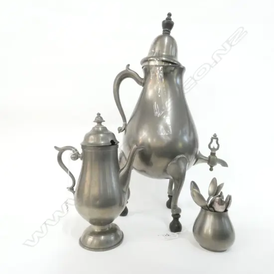 DUTCH PEWTER COFFEE POTS, JUG & SPOONS A/F