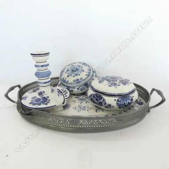 DELFT TRAY, METAL RIM & HANDLES, 2 LIDDED BOXES & CANDLE HOLDER...