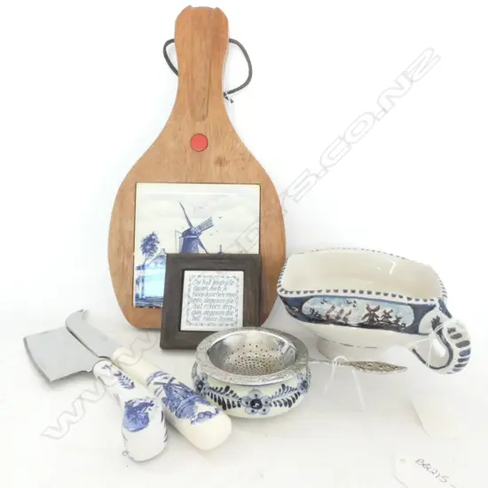 DELFT, JUG, CHEESE BOARD & KNIVES, TEA STRAINER & STAND, TILE