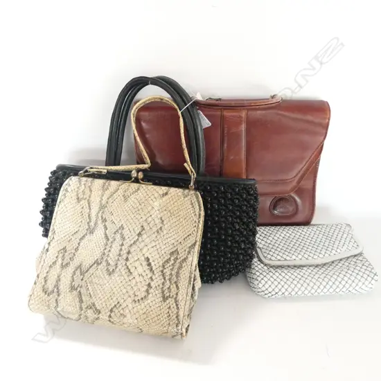 FOUR LADIES BAGS, MESH, BEADED, LEATHER ETC.