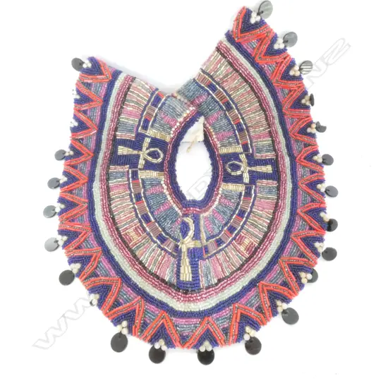 A VINTAGE BEADED EGYPTIAN COLLAR WITH ANKH MOTIF W 380 MM ONE BUTTON MISSING ONE A/F