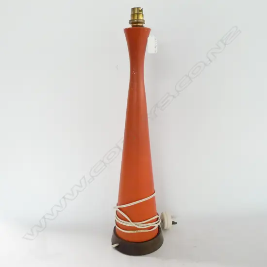 RETRO LAMP BASE, ORANGE CERAMIC DOME ON WOODEN BASE, H. 520MM