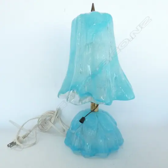 ITALIAN? BLUE GLASS TABLE LAMP & SHADE FLUTED H.370mm