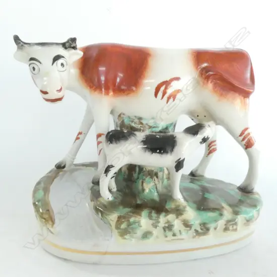 STAFFORDSHIRE COW & CALF L. 180MM OLD REPAIRS