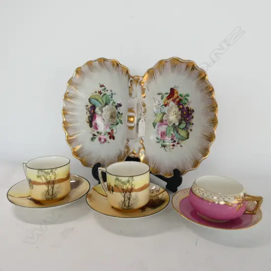 VICTORIAN SANDWICH PLATE + 3 CUPS & SAUCERS