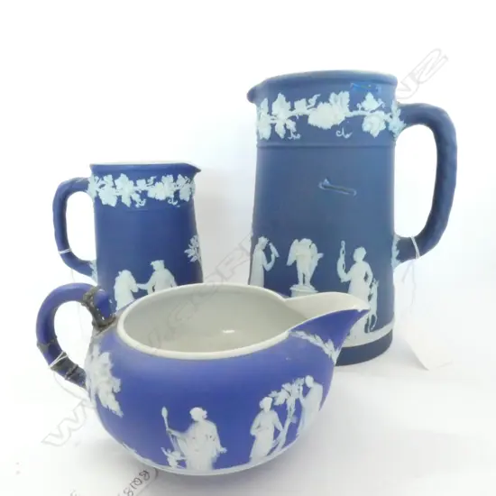 THREE WEDGWOOD JASPERWARE JUGS (faulted)