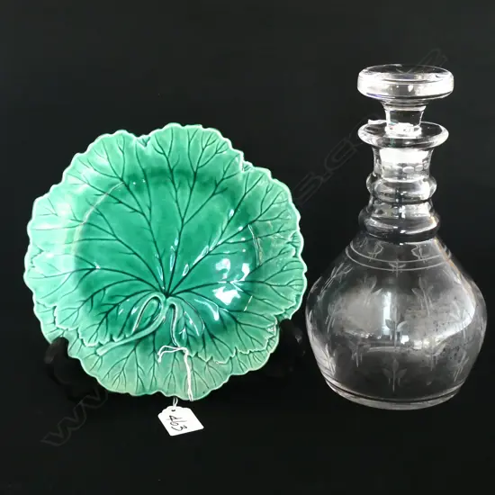 WEDGWOOD MAJOLICA LEAF PLATE + STUART CRYSTAL DECANTER H. 