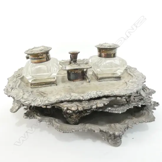 3 SHEFFIELD PLATE TRAYS + DESK SET