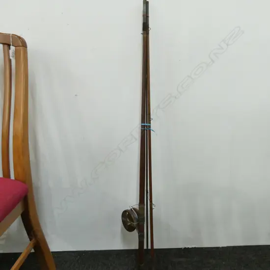 ANTIQUE MAHOGANY 3 PCE FLY FISHING ROD + MAHOG. REEL.