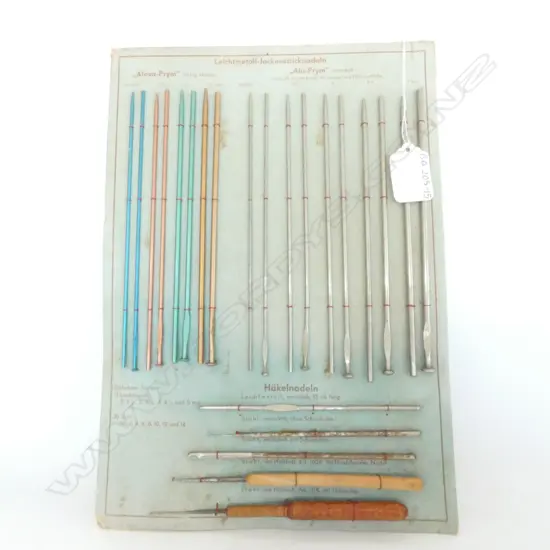 DISPLAY CARD OF VINTAGE CROCHET HOOKS & KNITTING NEEDLES