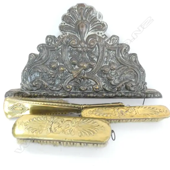 THREE ASSORTED BRASS FIRESIDE BRUSHES AND DECORATIVE PART SCREEN