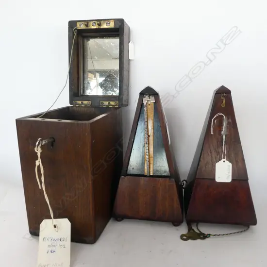 2 METRONOMES (ONE MISSING COVER) & OAK BOX (w KEY & MIRROR INSET UNDER HINGED LID)
