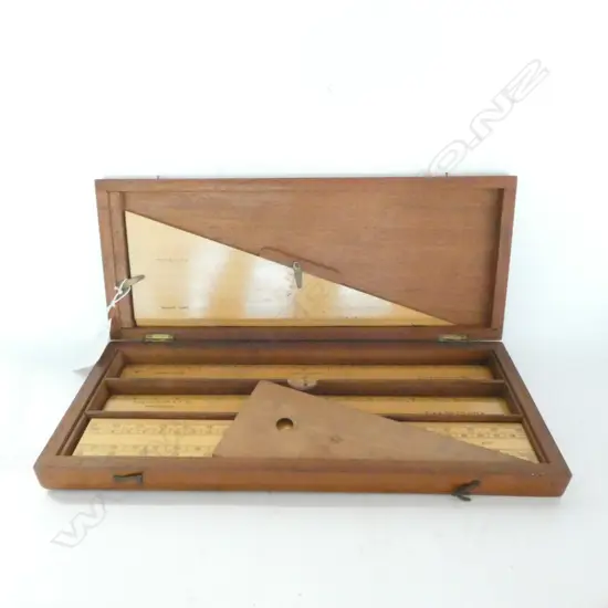 BOXWOOD SCALE RULES & DRAUGHTING TRIANGLES by CARY, LONDON, IN MAHOGANY CASE.